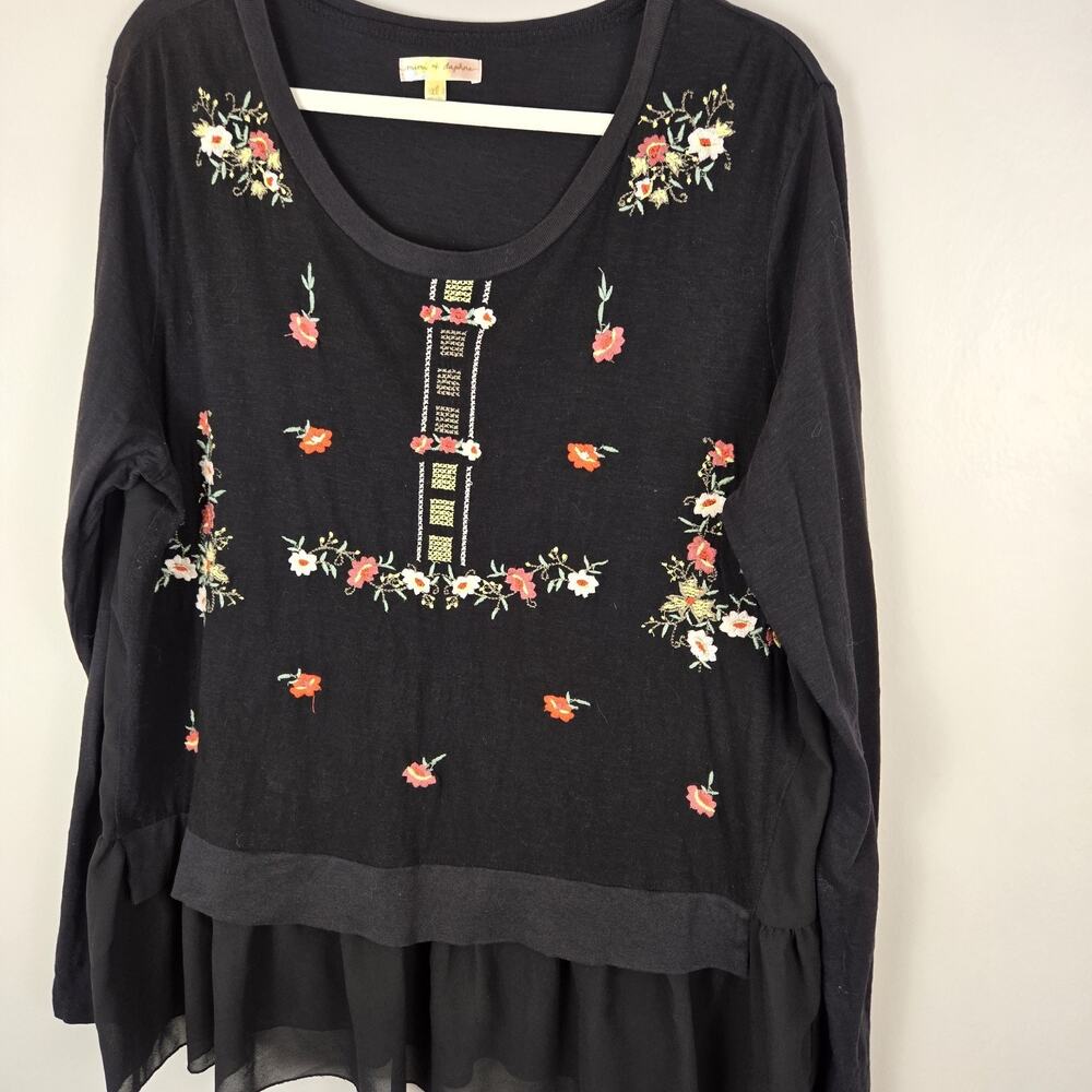 Mimi & Daphne Embroidered Floral Peasant Top XL Hippie Boho Coquette Sheer Ruffl - Picture 2 of 8